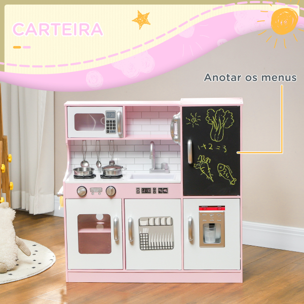 AIYAPLAY Cozinha de Brincar para Crianças acima de 3 anos Cozinha Infantil de Madeira com Acessórios Máquina de Gelo Ardósia e Telefone 83,8x26,8x81 cm Rosa - Image 5