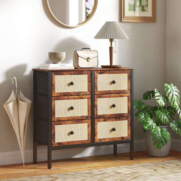 HOMCOM Cómoda para Dormitório Cómoda de Tecido com 6 Gavetas Dobráveis com Frentes de Vime 88x30x83 cm Marrom Rústico - Image 2