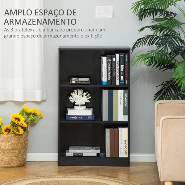 HOMCOM Estante para Livros com 3 Compartimentos de Armazenamento Livros Plantas para Sala de Estar Estúdio Dormitório 62,2x24x102,4cm Preto - Image 4