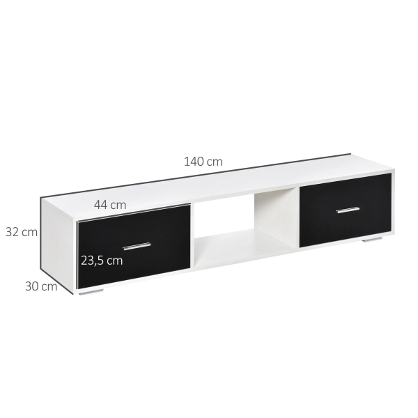 HOMCOM Móvel de TV para Televisores de até 60" Móvel de Sala de Estar Moderno com 2 Gavetas e Compartimento Aberto 140x30x32cm Branco e Preto - Image 3