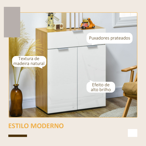 HOMCOM Aparador de Sala de Estar de Alto Brilho com Gaveta 2 Portas e Prateleira Ajustável 70x35x92 cm Branco e Madeira - Image 4