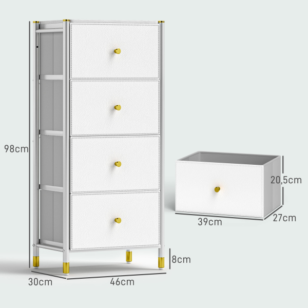 HOMCOM Cómoda para Dormitório Cómoda de Tecido com 4 Gavetas Dobráveis com Frentes de Couro PU 46x30x98 cm Branco - Image 3