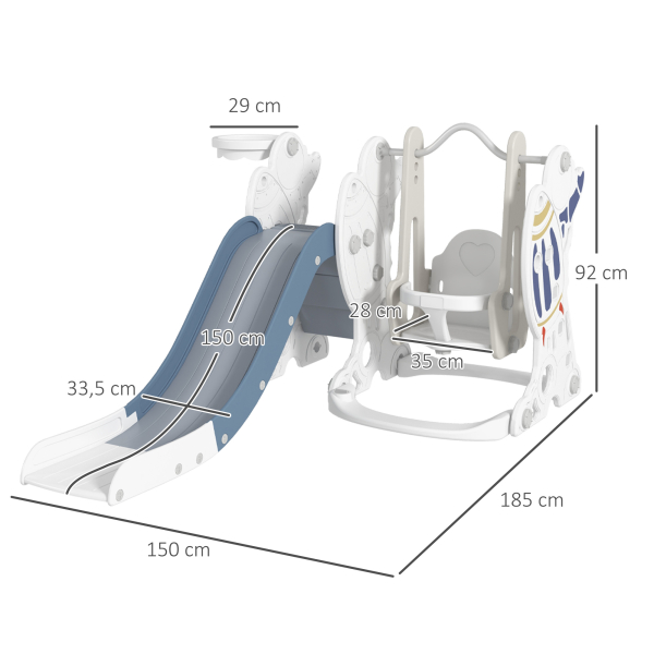 AIYAPLAY Conjunto de Escorregador e Baloiço para Crianças 3 em 1 Baloiço para Crianças de 18-48 Meses Escorregador e Cesto de Basquetebol 150x185x92 cm Branco e Azul - Image 3
