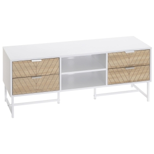 HOMCOM Móvel de TV de até 47 Polegadas Móvel de Sala de Estar Moderno com 4 Gavetas 2 Prateleiras Abertas e Orifício Passa Cabos 120x39x48cm Branco e Carvalho