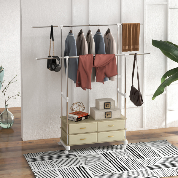 HOMCOM Charriot de Roupa com Rodas Altura Ajustável Barras Extensíveis e 4 Gavetas de Tecido  88-148x42x93-160 cm Bege - Image 2