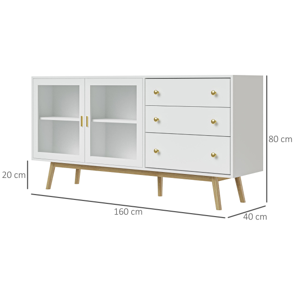 HOMCOM Aparador de Sala de Estar com 2 Portas de Vidro 3 Gavetas e Pés de Madeira de Borracha 160x40x80 cm Branco e Madeira - Image 3