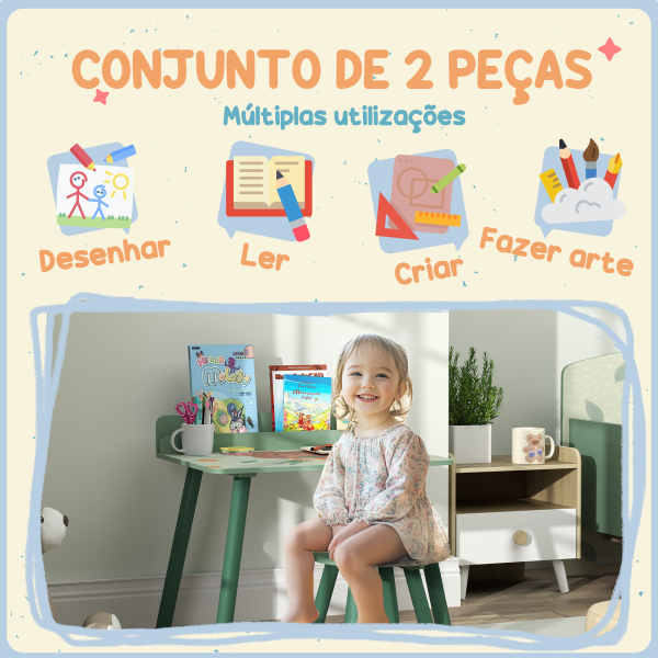 AIYAPLAY Mesa e Cadeira para Crianças com Prateleira para Livros Secretária para Crianças acima de 3 Anos Verde - Image 4