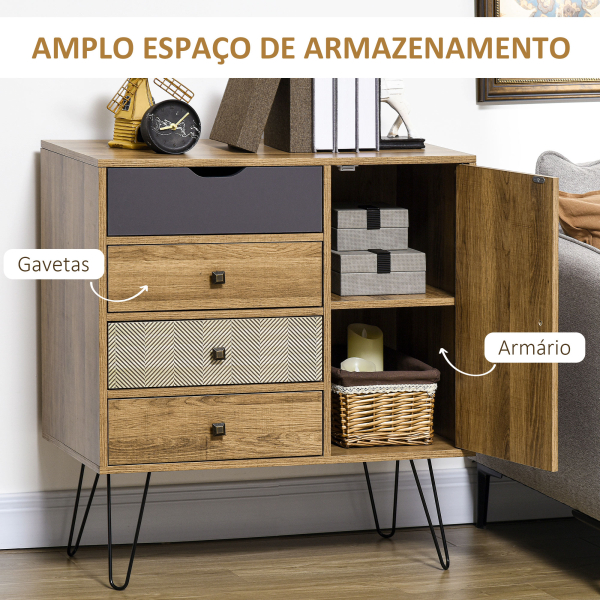 HOMCOM Cómoda de Madeira com 4 Gavetas Porta Prateleira Ajustável e Pés de Metal para Sala de Estar Dormitório 79x39x86cm Marrom - Image 4
