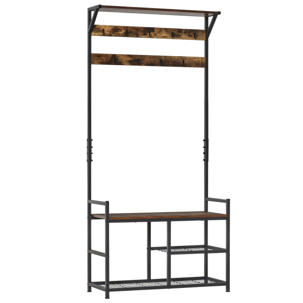 HOMCOM Móvel Cabide de Entrada com 3 Prateleiras 9 Ganchos Armário de Entrada com Cabides de Estilo Industrial 84x34,5x180cm Marrom