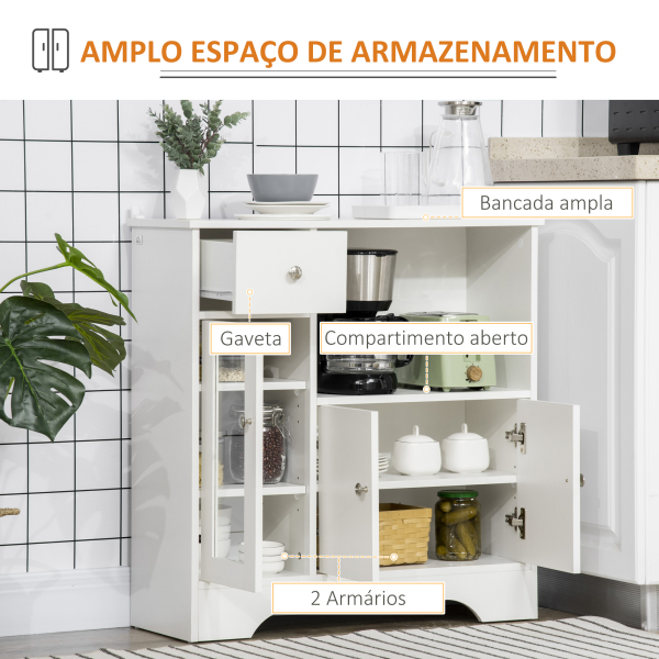 HOMCOM Aparador Moderno com Porta de Vidro Gaveta Prateleira Aberta e Prateleiras Ajustáveis Móvel Auxiliar 80x30x82cm Branco - Image 4