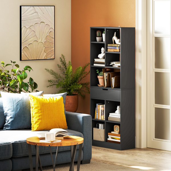 HOMCOM Estante de Madeira Estante para Livros com 1 Gaveta e 9 Compartimentos de Armazenamento 60x26x158 cm Preto - Image 2