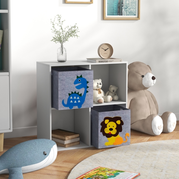 ZONEKIZ Estante para Brinquedos com 6 Compartimentos e 3 Caixas de Tecido não Tecido e Desenho de Animais 61,8x29,9x61,8 cm Branco e Cinza - Image 9