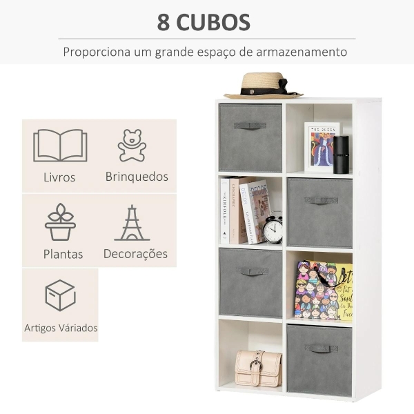 HOMCOM Estante para Livros de 8 Cubos Estante Modular com 4 Cestos Removíveis de TNT para Escritório Estúdio Dormitório 61,5x30x121,6cm Branco e Cinza - Image 4