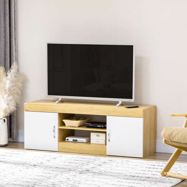 HOMCOM Móvel para TV com 2 Portas e Armazenamento de 2 Níveis para Televisores de até 60 Polegadas 130x39,6x48cm Branco e Madeira - Image 2