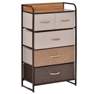 HOMCOM Cómoda de Tecido com 5 Cestos Removíveis e Dobráveis Base Elevada Móvel de Armazenamento para Dormitório Sala de Estar 58x29x99cm Multicor