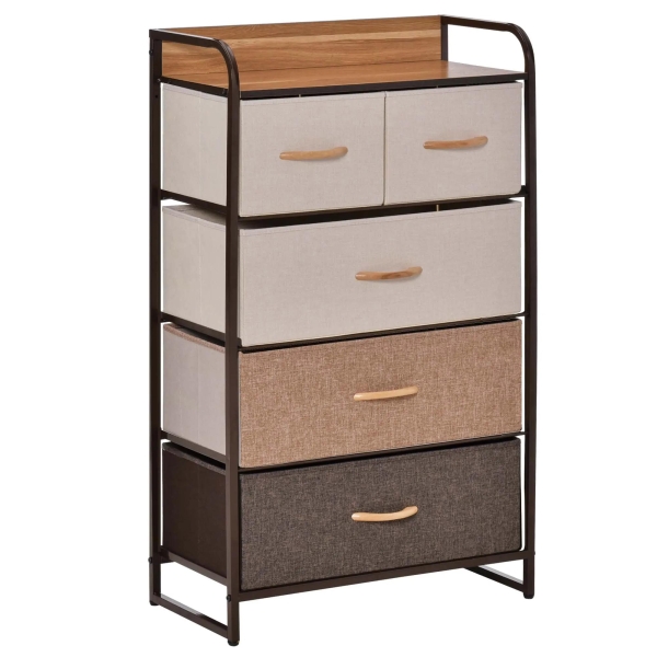 HOMCOM Cómoda de Tecido com 5 Cestos Removíveis e Dobráveis Base Elevada Móvel de Armazenamento para Dormitório Sala de Estar 58x29x99cm Multicor