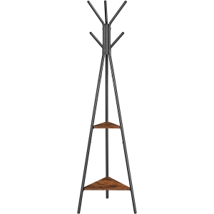 Cabide VASAGLE independente, suporte para cabides, cabideiro com 2 prateleiras, para roupas, chapéus, bolsas, estilo industrial, marrom rústico e preto RCR16BX
