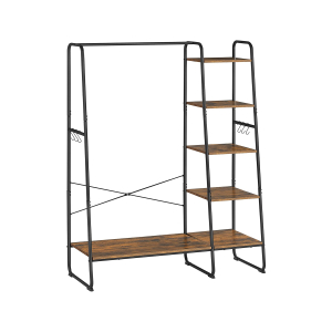 Cabideiro VASAGLE, cabideiro com prateleira para sapatos, suporte de armazenamento de 5 níveis, 6 ganchos laterais, para quarto, sala de estar, marrom rústico e preto RGR116B01