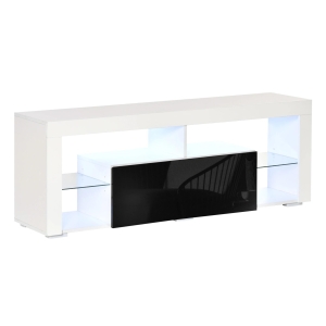 HOMCOM Móvel de TV para Sala de Estar com Iluminação LED 6 Modos de Cores Controle Remoto Gaveta e Prateleiras de Cristal Ajustáveis 140x35x52cm Preto e Branco Brilhante