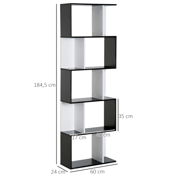HOMCOM Estante para Livros Estante Alta de Parede com 5 Níveis em Forma de S Desenho Moderno 60x24x184,5 cm Branco e Preto - Image 3