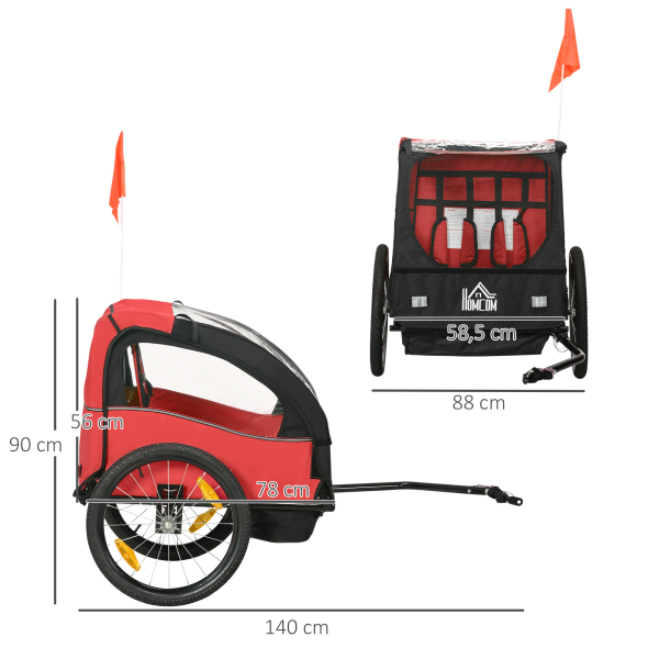 HOMCOM Reboque de Bicicleta para Crianças acima de 18 Meses Reboque de Bicicleta com 2 Lugares com Cinto de Segurança Espaço de Armazenamento e Sistema de Amortecimento 140x88x90 cm Vermelho - Image 3