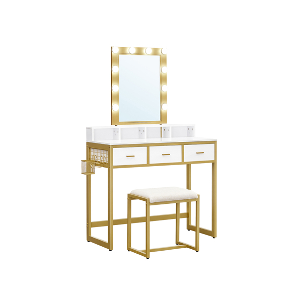 Penteadeira VASAGLE com banqueta, penteadeira com 10 lâmpadas LED, espelho, brilho ajustável, moderno, quarto, closet, branco, dourado RVT014A10