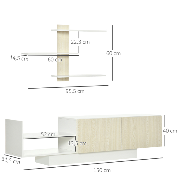 HOMCOM Móvel de TV para Sala de Estar Móvel para Televisores 150x31,5x40cm e Prateleira de Parede 95,5x16x60cm Madeira e Branco - Image 3