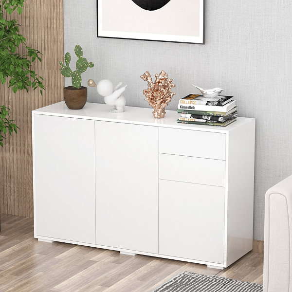 HOMCOM Aparador de Sala de Estar com 3 Portas 2 Gavetas e Prateleira Interior Ajustável Móvel Auxiliar de Armazenamento para Cozinha Dormitório Anti-Rolamento 117x36x74cm Branco - Image 2