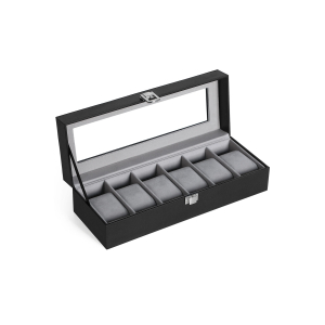 Caixa de relógio SONGMICS com 6 compartimentos, estojo com tampa de vidro, almofadas de veludo para relógio, suporte para relógio com fecho, 11,2 x 30 x 8 cm, ideia para presente, couro sintético preto, forro cinza JWB06BK