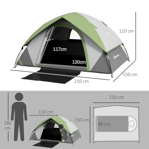 Outsunny Tenda de Campismo Dobrável para 2 Pessoas com Janela e Bolsa de Transporte Impermeável 3000 mm 210x110x150 cm Verde - Image 3