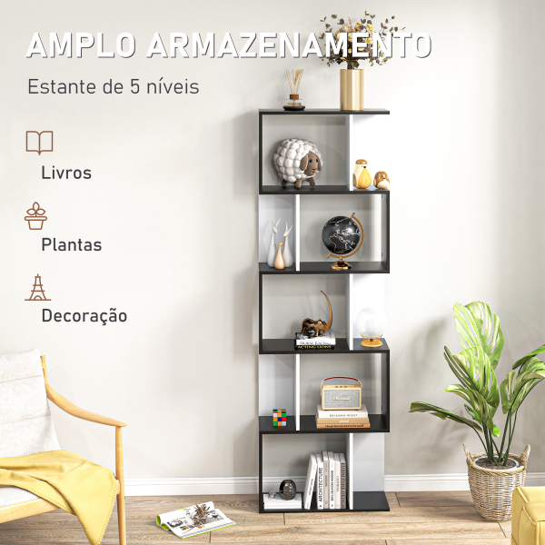 HOMCOM Estante para Livros Estante Alta de Parede com 5 Níveis em Forma de S Desenho Moderno 60x24x184,5 cm Branco e Preto - Image 5