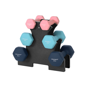 Conjunto de halteres hexagonais SONGMICS com suporte - 2 x 1 kg, 2 x 2 kg, 2 x 3 kg, acabamento fosco em neoprene, pesos de mão para exercícios em casa, rosa, água e azul SYL612MK