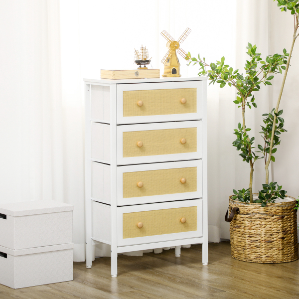 HOMCOM Cómoda Estilo Bohemio com 4 Gavetas de Tecido Dobráveis Superfície de Vime PE e Estrutura de Aço 62x30x105 cm Branco - Image 2