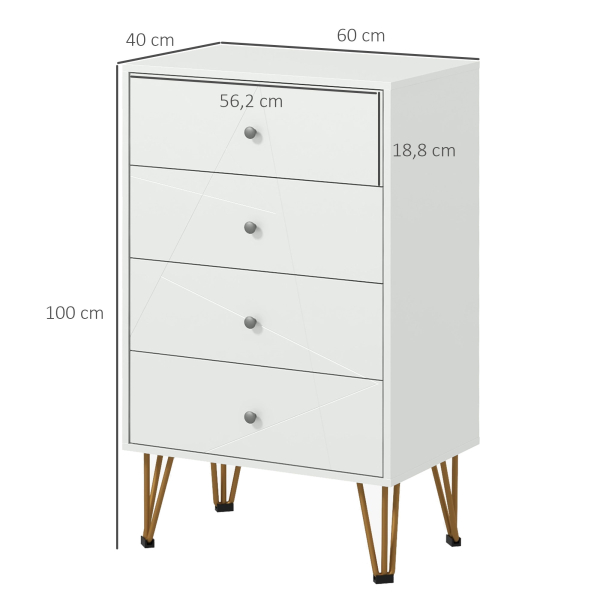 HOMCOM Cómoda de Quarto Moderna Cómoda de Madeira com 4 Gavetas e Pés Metálicos para Sala Escritório 60x40x100 cm Branco - Image 3