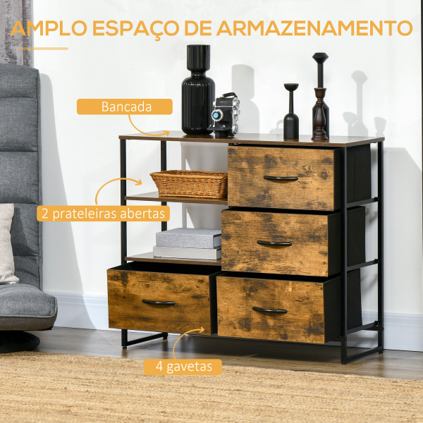 HOMCOM Cómoda com 4 Gavetas de Tecido Dobrável e 2 Prateleiras Abertas Estilo Industrial 84x30x71,4cm Marrom Rústico - Image 4