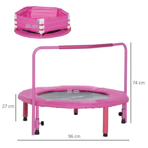ZONEKIZ Trampolim Infantil 3 em 1 para Crianças de 1-6 Anos com Corrimão Amovível Mini Trampolim para Interior Ø96x74cm Rosa - Image 3