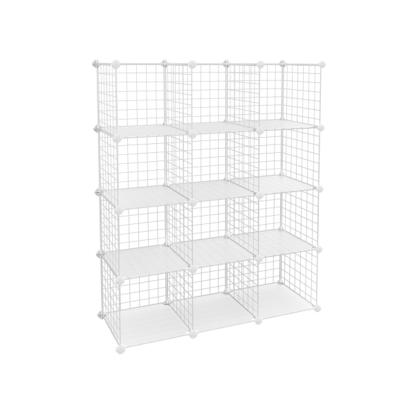 Organizador 12 cubos, grelha metálica e folhas PP, p/ livros/roupa, branco