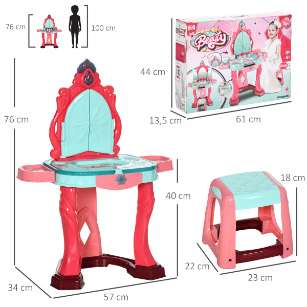 AIYAPLAY Toucador Infantil com Banco Espelho Luz Música e Secador Inclui 18 Acessórios Toucador de Maquilhagem 57x34x76cm Multicor - Image 3