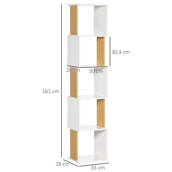 HOMCOM Estante de Livros em Forma de S Estante com 5 Prateleiras Abertas para Sala de Estar Escritório Anti-Tombo 33x28x161cm Branco - Image 3