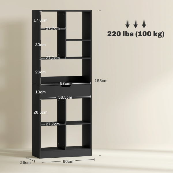 HOMCOM Estante de Madeira Estante para Livros com 1 Gaveta e 9 Compartimentos de Armazenamento 60x26x158 cm Preto - Image 3