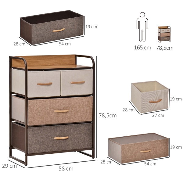 HOMCOM Cómoda de Tecido com 4 Cestos Removíveis e Dobráveis Base Elevada Móvel de Armazenamento 58x29x78,5 cm  Multicor - Image 3
