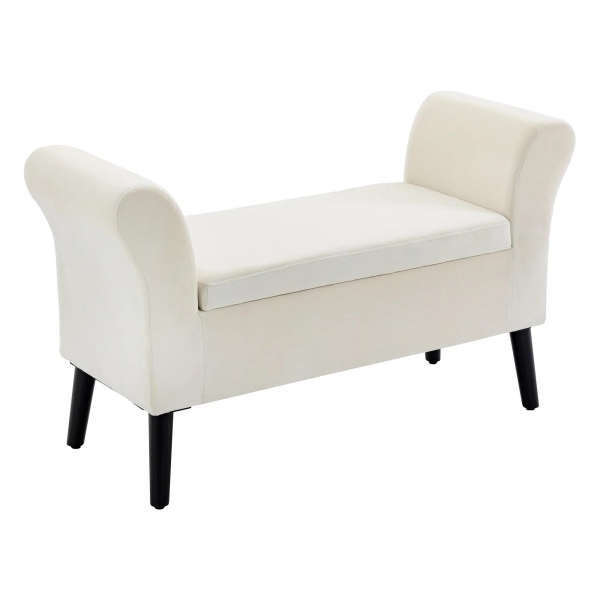 HOMCOM Banco para Pé de Cama Estofado em Veludo Banco de Armazenamento Acolchoado com Tampa Apoio para os Braços Pés de Madeira para Dormitório Sala de Estar 111,5x41x65cm Branco Creme