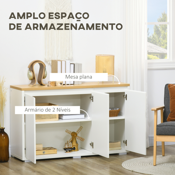 HOMCOM Aparador de Sala de Estar Armário de Armazenamento com 3 Portas e Prateleiras Ajustáveis 120x37x75 cm Branco e Madeira - Image 4