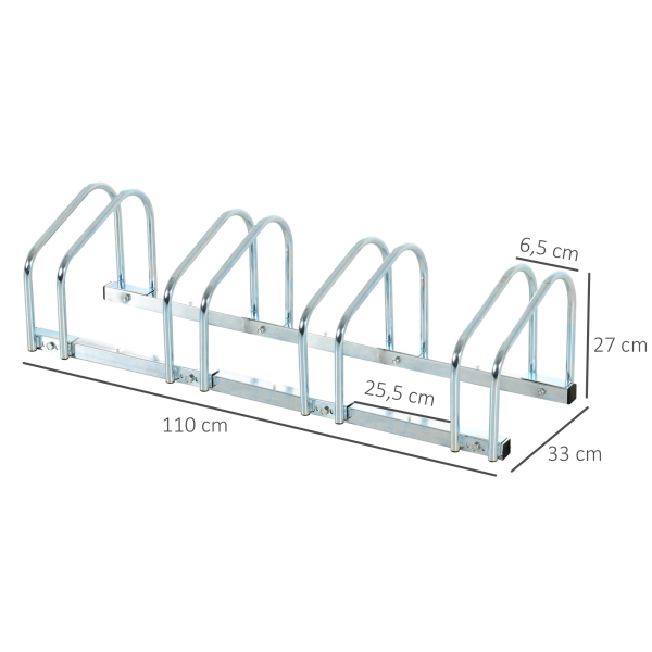 HOMCOM Estacionamento para 4 Bicicletas Suporte de Aço para Estacionar Bicicletas no Chão para Interior e Exterior 110x33x27 cm Prata - Image 3