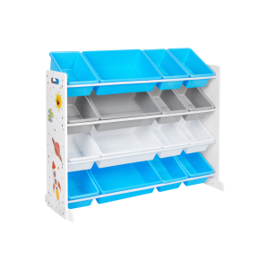 Unidade de armazenamento de brinquedos SONGMICS, organizador grande de brinquedos de 4 níveis para crianças com 16 caixas de plástico removíveis, para quarto infantil, sala de jogos, sala de estar, branco, azul e cinza GKR070W03
