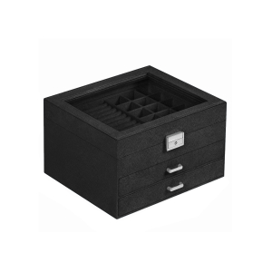 Caixa para joias SONGMICS, vitrine de veludo com 3 níveis e organizador para joias com tampa de vidro transparente, compartimentos variados para colares, pulseiras, anéis, cadeado e chave, preta JBC158B01