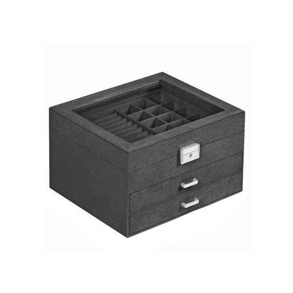 Caixa para joias SONGMICS, vitrine de veludo com 3 níveis e organizador para joias com tampa de vidro transparente, compartimentos variados para colares, pulseiras, anéis, cadeado e chave, cinza JBC158G01