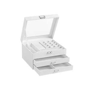 Caixa para joias SONGMICS, vitrine de veludo com 3 níveis e organizador para joias com tampa de vidro transparente, compartimentos variados para colares, pulseiras, anéis, cadeado e chave, branco JBC158W01