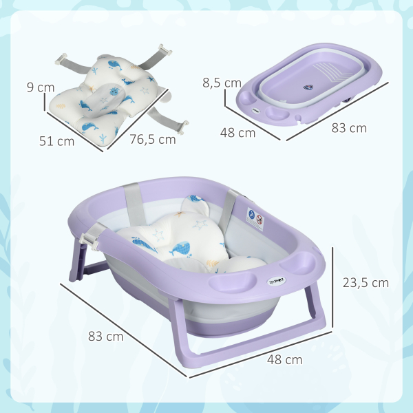ZONEKIZ Banheira para Bebé Recém Nascido Dobrável 40L com Almofada Pés Antiderrapantes e Orifício de Drenagem 83x48x23,5 cm Roxo - Image 3