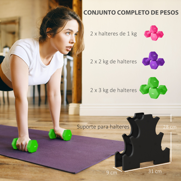 SPORTNOW Conjunto de Halteres Hexagonais 2x1 kg 2x2 kg 2x3 kg com Suporte de Armazenamento para Treino em Casa Multicolor - Image 4